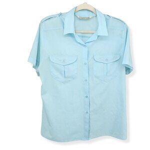 Diane Von Furstenberg Button Shirt Womens 12 Lightweight Poly Blue Shoulder Pads